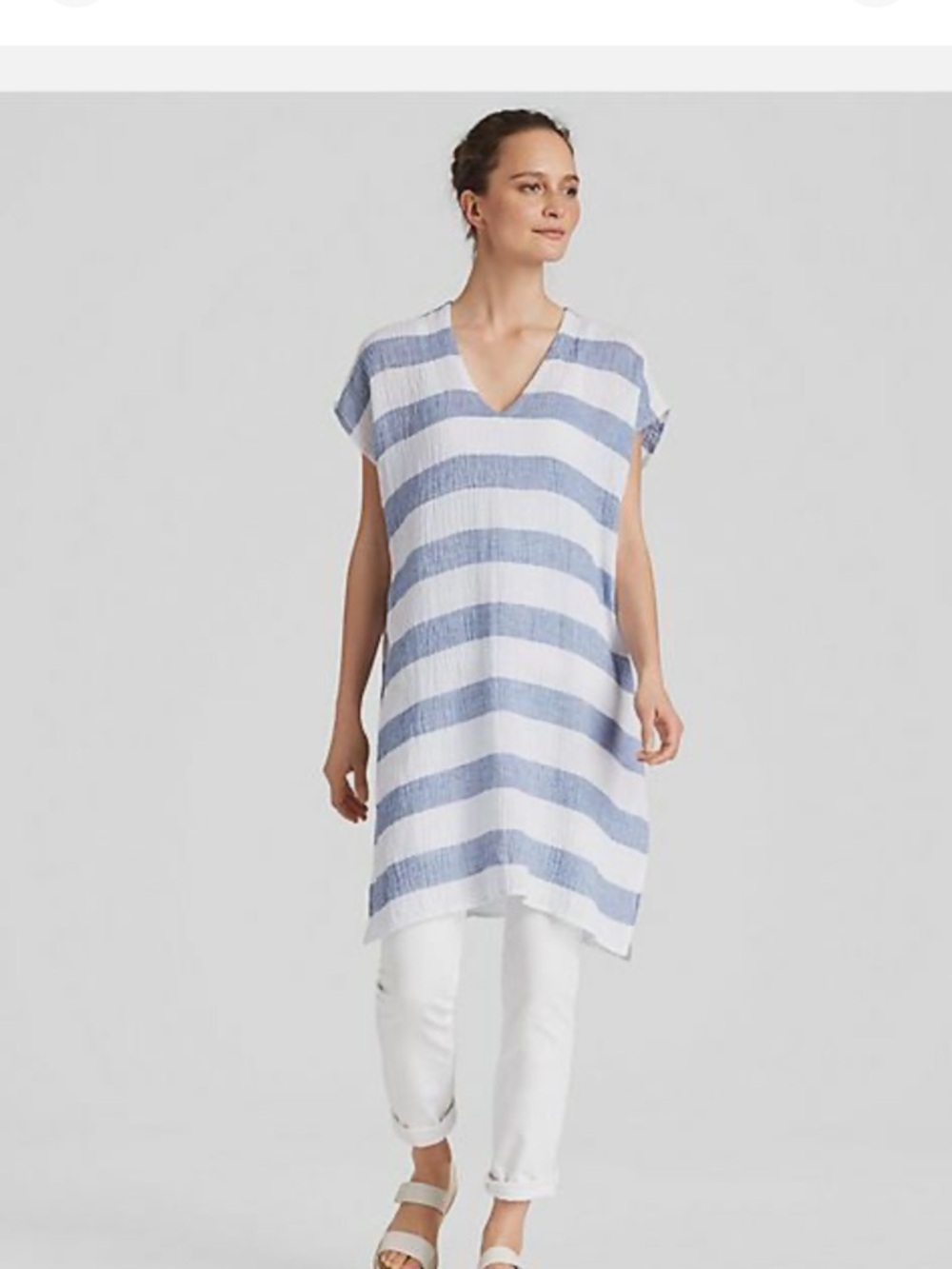 Eileen Fisher Blue and White Striped V-Neck Tunic Dress - Picture 2 of 11